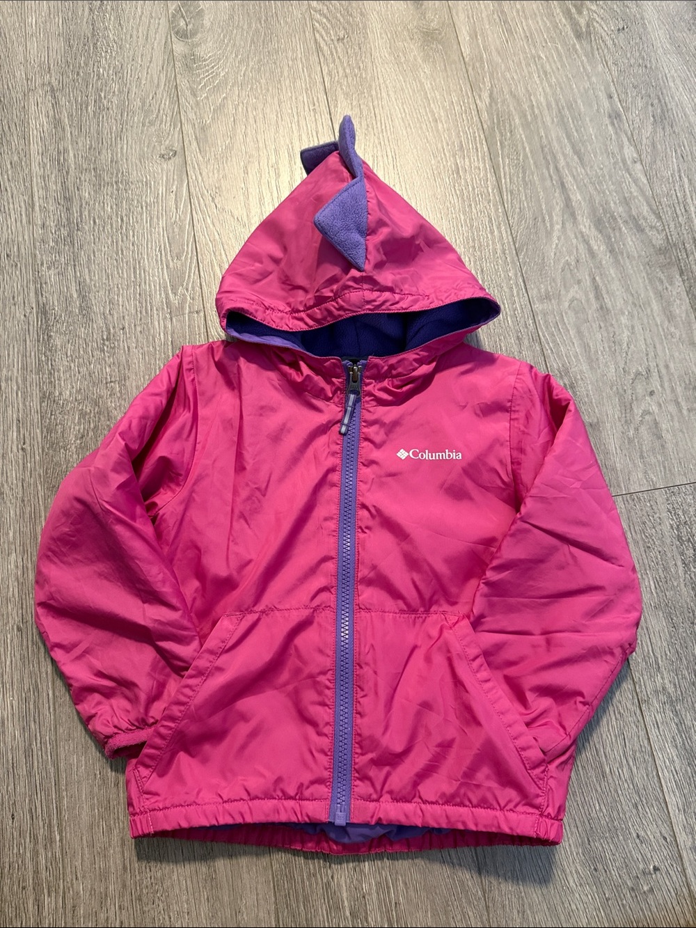 Columbia Kids Bright Pink Hooded Rain Jacket with Purple Trim
